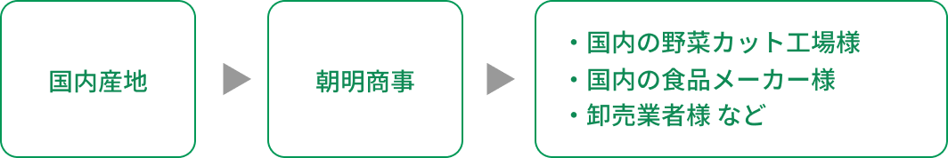 産地→朝明商事→国内の食品メーカー様、卸売業者様、国内の野菜カット工場様　など